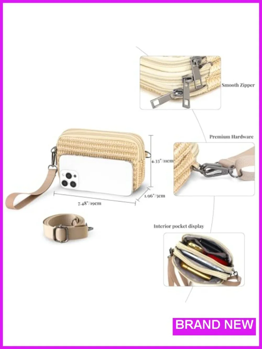 Woven Straw 3-Zip Crossbody Wristlet Wallet with Card Slots